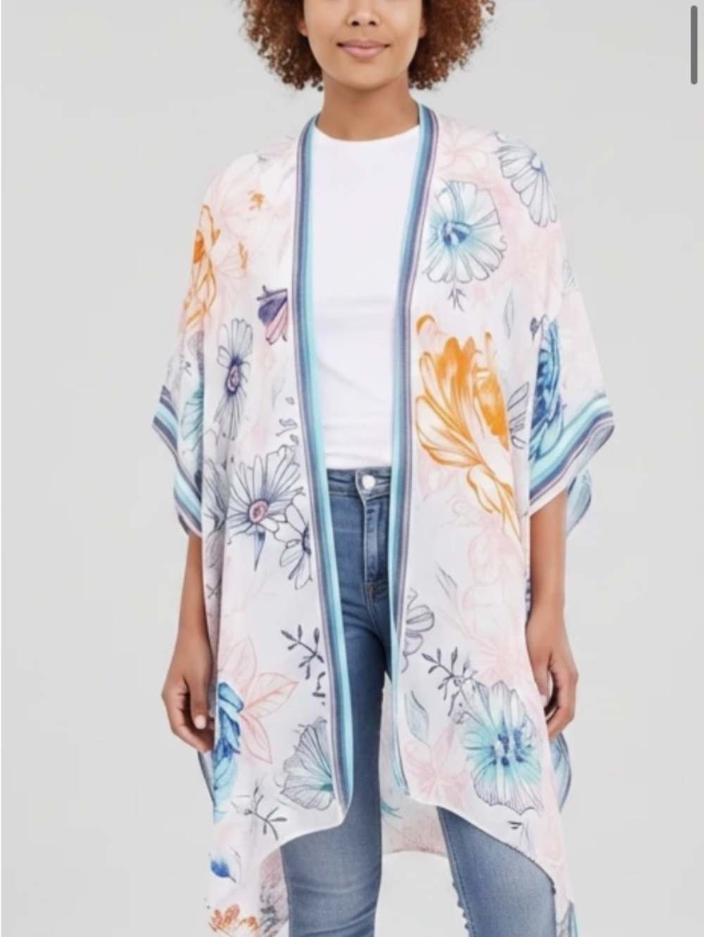 Floral Watercolor Kimono Cover-Up in Pastel Blue & Peach